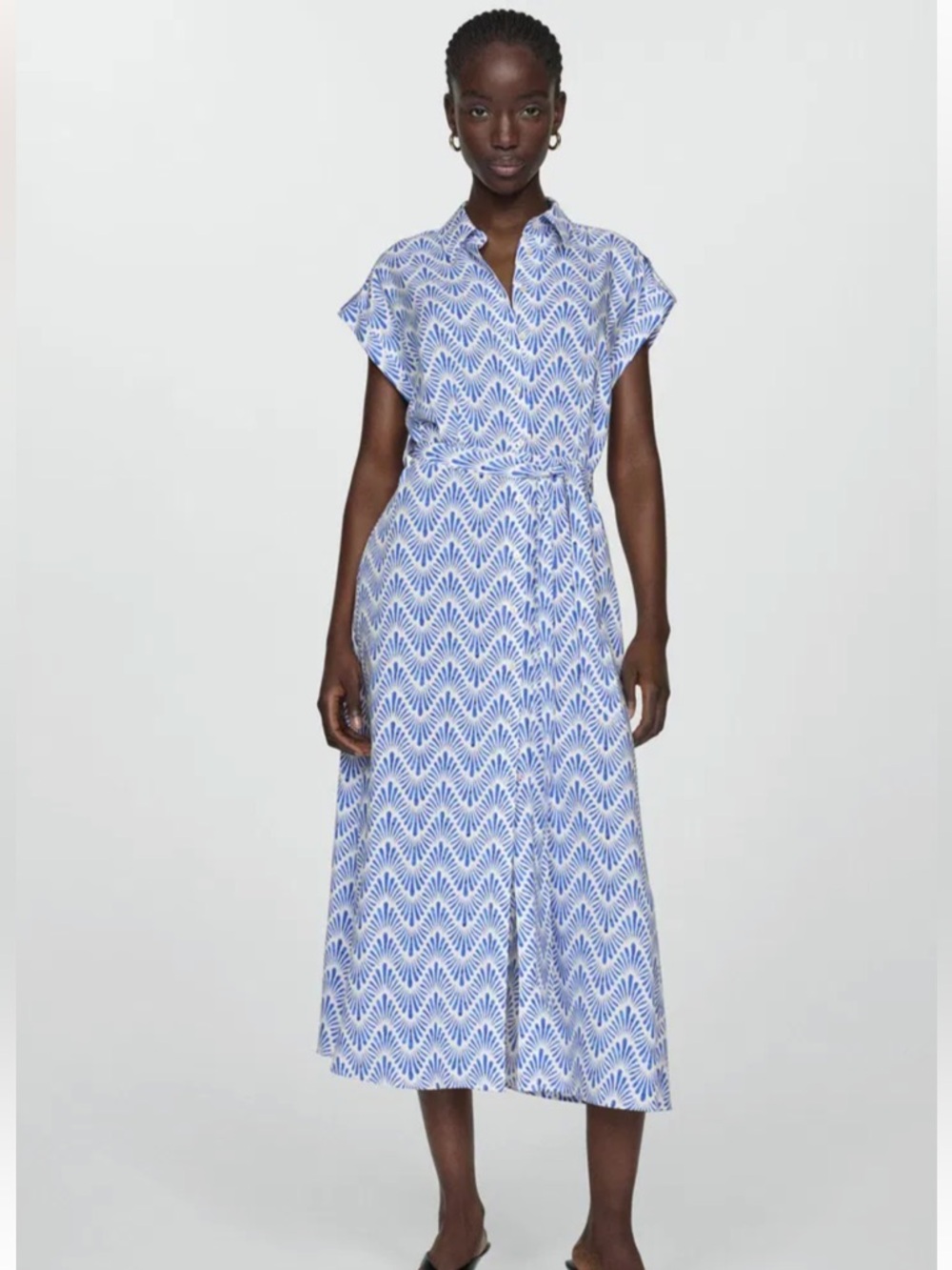 Mango Blue Apple Abstract Print Shirt‑Collar Midi Dress